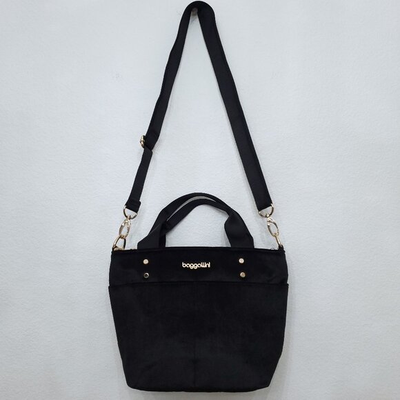 Baggallini Mini Carryall Tote Crossbody Bag Black Velvet With Gold Hardware - Picture 1 of 12